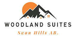 A logo of the woodland suites in swan hills ab