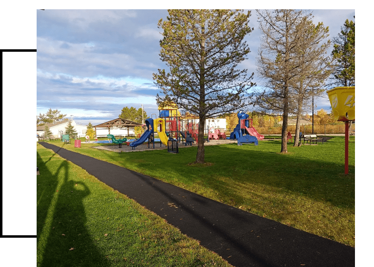 A park with many trees and some swings
