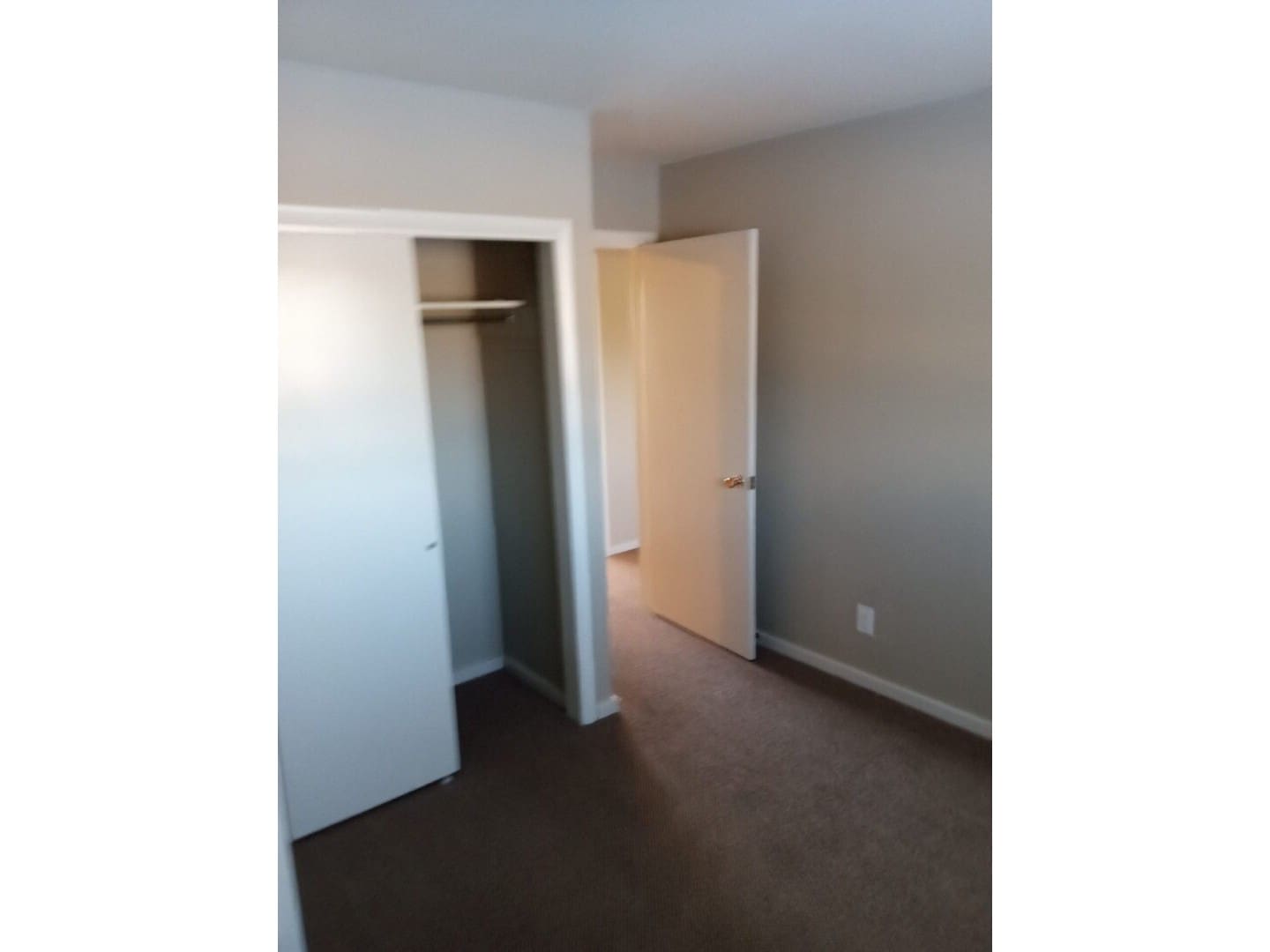A bedroom with a closet and a door open.
